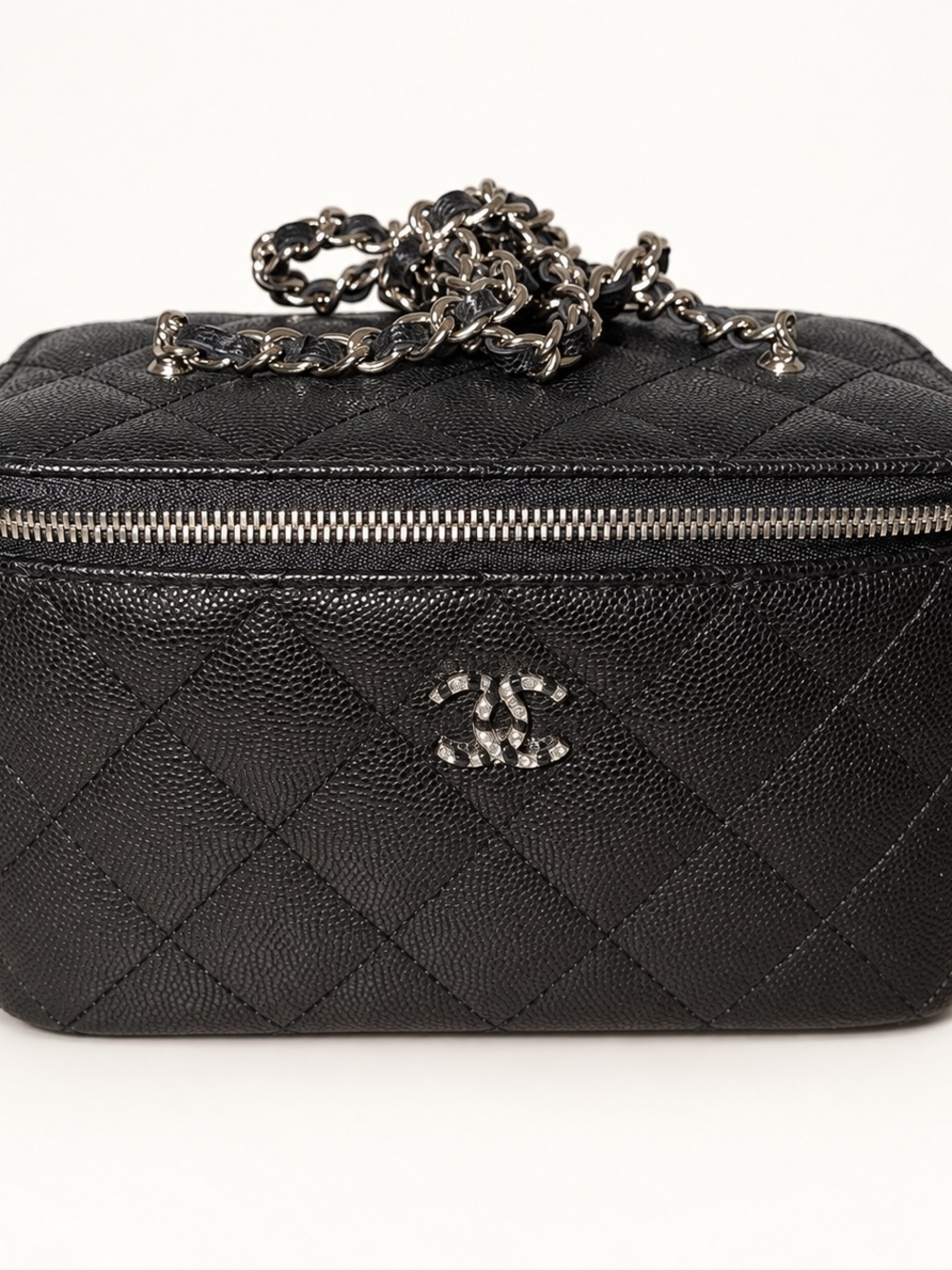 CHANEL Black Quilted Caviar Vanity Crossbody with Silver-Tone Chain